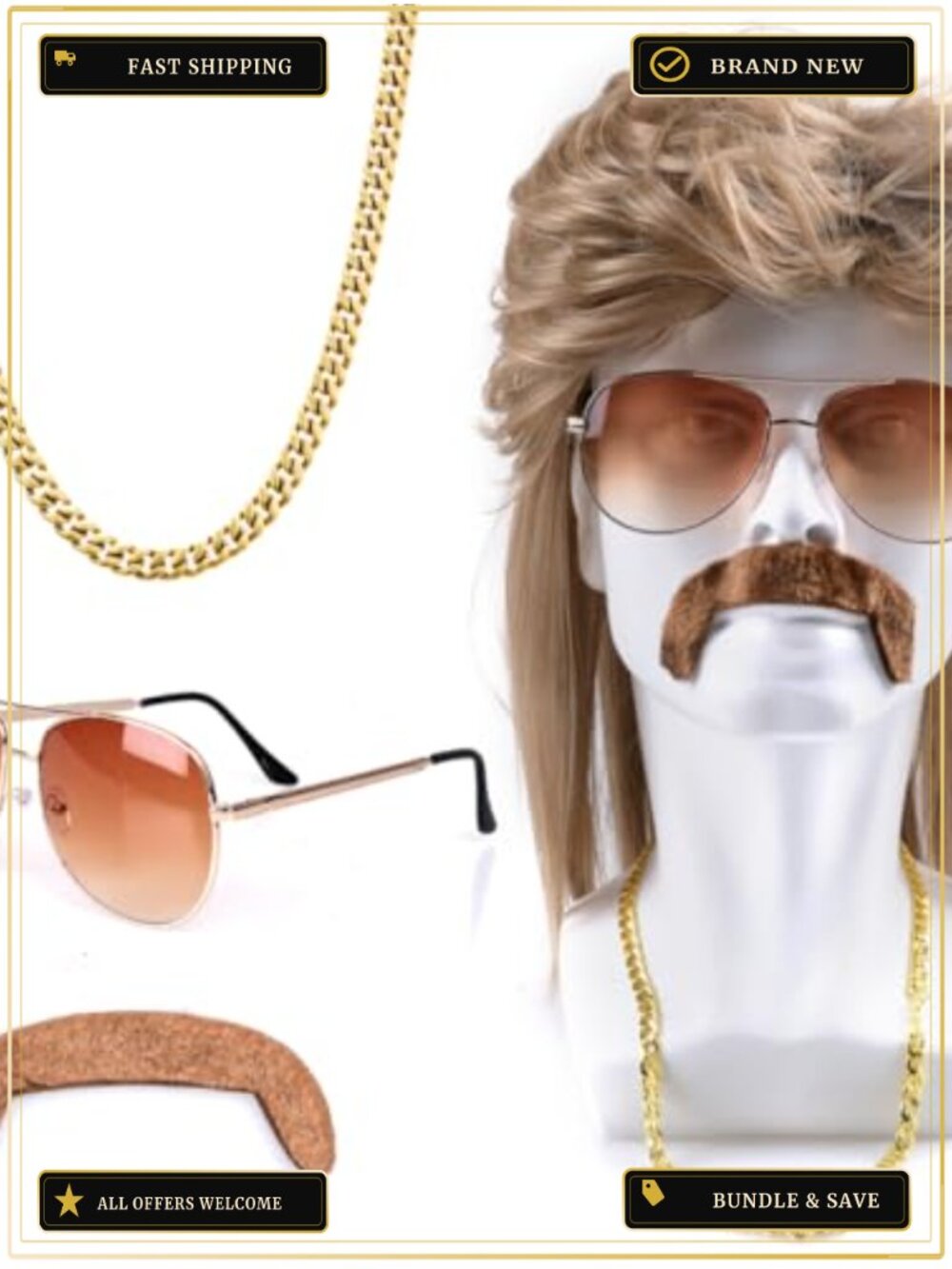 80s Mullet Wig Men Rocker Costume Accessories Set with Sunglasses Necklace